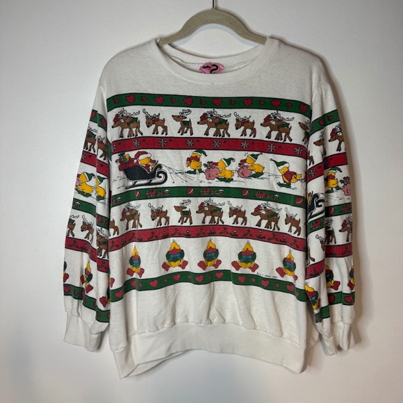 Vintage 1989 Christmas Santa Ducks Sweatshirt 1980s 80s Funny Novelty Cute - Picture 1 of 5